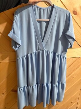 SHEIN Light Blue V-Neck Tiered Casual Dress